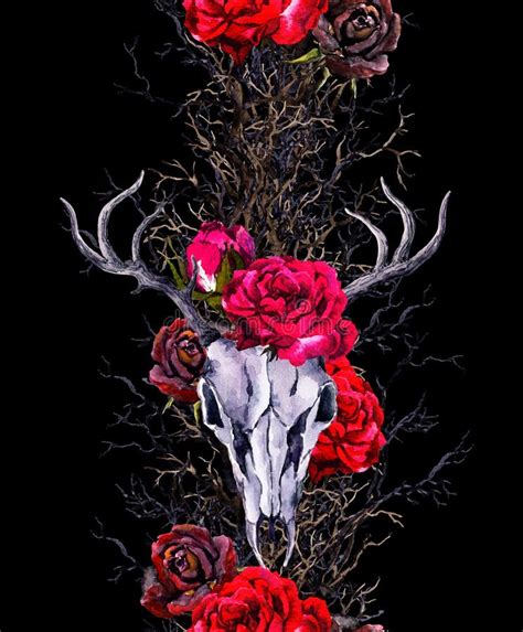 Deer Animal Skulls With Rose Flowers Branches Seamless Border Frame