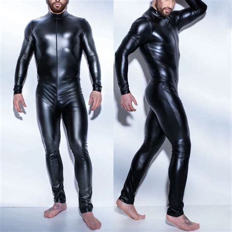 patent leather zipper open crotch latex catsuit jumpsuit sexy lingerie for men erotic costumes