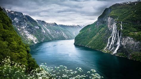 4570361 Landscape Mountains Foliage Waterfall Norway Wildflowers