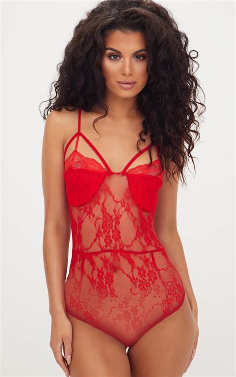 Red Strappy Cupped Lace Bodysuit Lingerie Prettylittlething