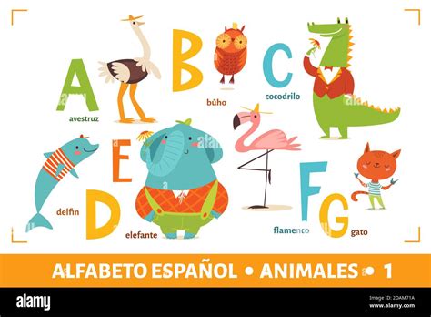 Spanish Language Alphabet Poster With Cartoon Animals Stock Vector
