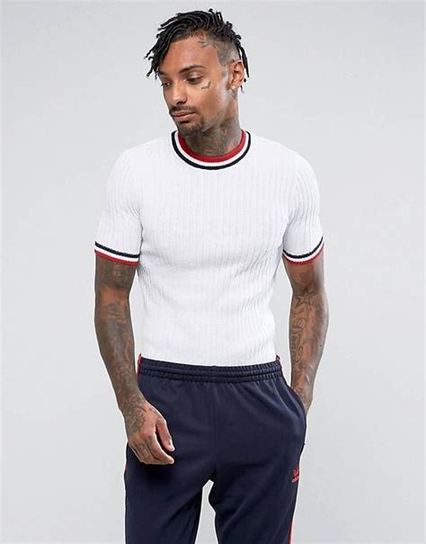 Asos Muscle Fit Ribbed Tee With Tipping Detail In White Mens Stylish