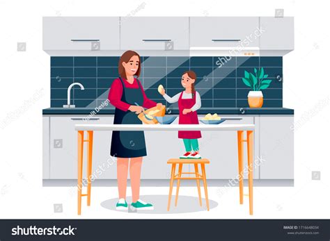 Happy Mother Daughter Cooking Breakfast Kitchen Stock Vector Royalty Free 1716648034
