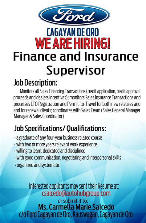 Job description the finance / sales manager ensure that the dealership meets its unit sales quotas. JOB HIRING: FINANCE AND INSURANCE SUPERVISOR for FORD ...