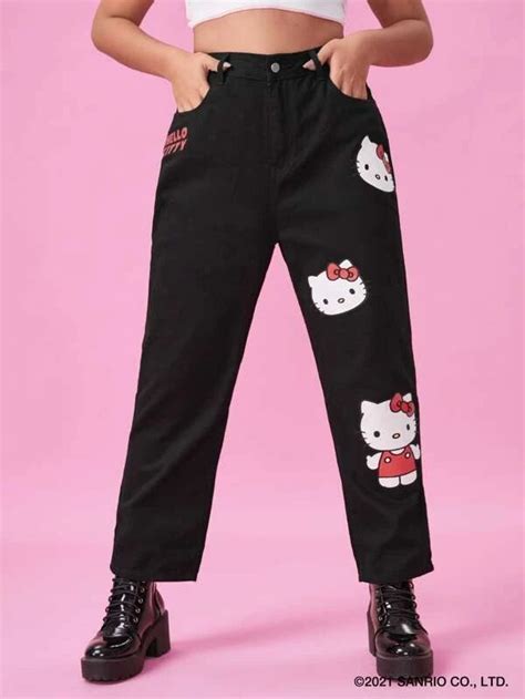 Shein X Hello Kitty And Friends Plus Letter And Cat Graphic Mom Jeans Hello Kitty Clothes Mom