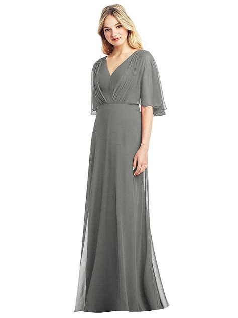 Long Flutter Sleeve Chiffon Dress With Pleat Detail The Dessy Group