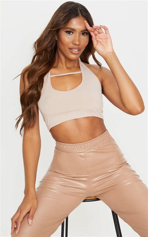 Sand Rib Halterneck Cut Out Crop Top Tops Prettylittlething