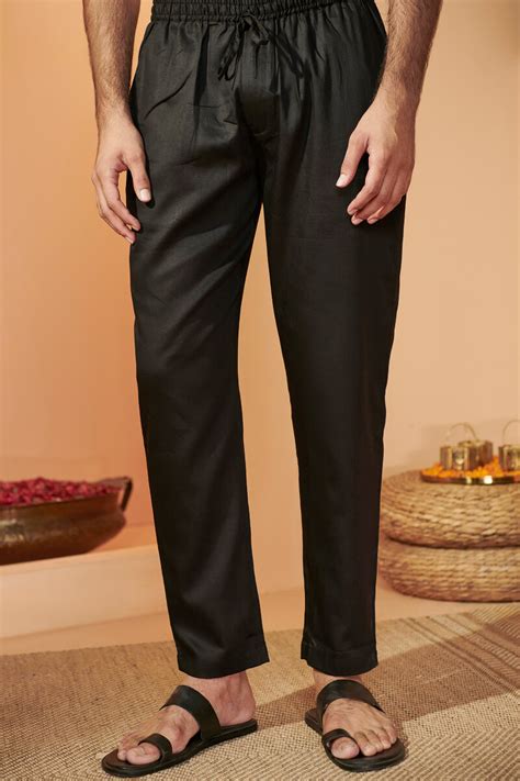 Buy Black Handcrafted Vegan Silk Pants For Men Fgmnsp22 25 Farida Gupta