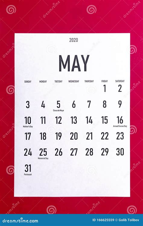 Calendario De Mayo De 2020 Con Días Festivos Imagen De Archivo Imagen