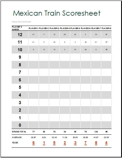 Mexican Train Score Sheet Template For Ms Excel Word