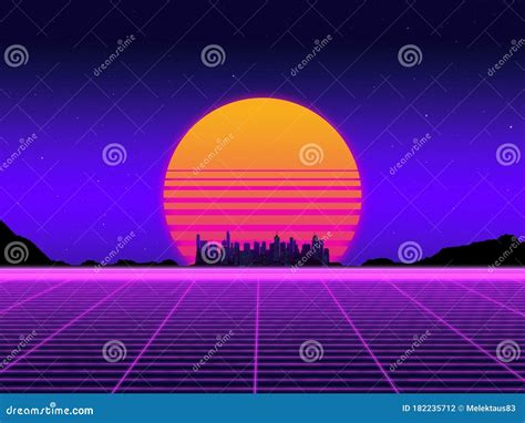 Background With The Evening Sun In The Style Of Retrowave On A Neon Sky