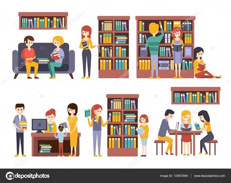Library And Bookstore With People Reading Choosing Books Stock Vector