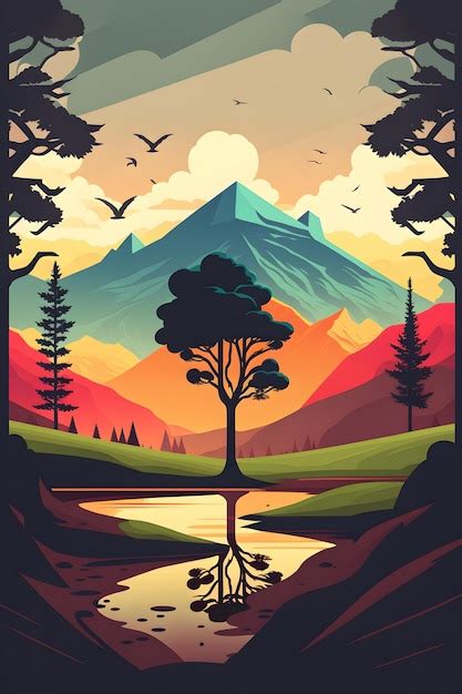 Premium Photo A Poster For A Mountain Landscape With A Tree In The