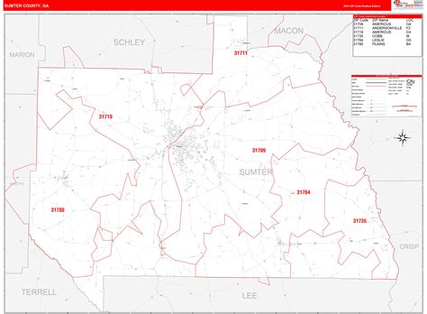 Sumter County Ga Zip Code Wall Map Red Line Style By Marketmaps