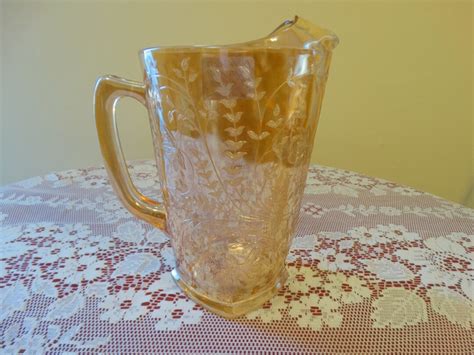 Vintage Jeannette Glass Company Iridescent Floragold Louisa 64 Oz Pitcher 8 1 2 Tall Circa 1950