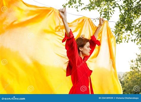 Pretty Woman In Red Dress Hairstyle Posing Nature Stock Image Image