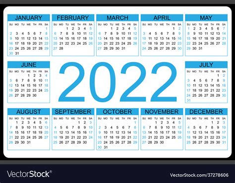 Calendar 2022 Yearly Week Starts On Sunday Vector Image