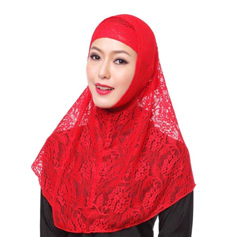 Full Cover Muslim Hat Hijab Two Piece Set Lace Hoofddoek Solid Islamic