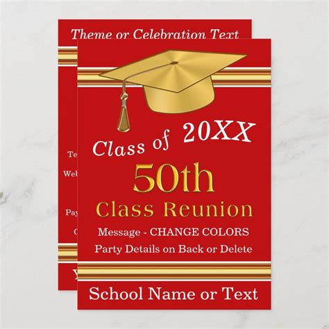 Red White And Gold 50th Class Reunion Invitations Class