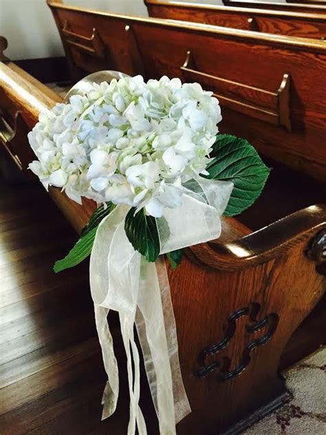 Light Blue Hydrangea With White Sheer Ribbon Pew Marker Wedding Pew