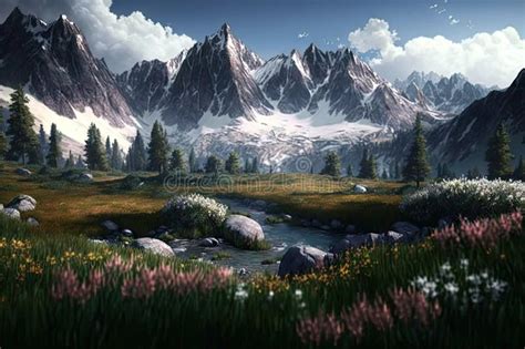 Serene Alpine Meadow Surrounded By Majestic Mountain Peaks With Snow