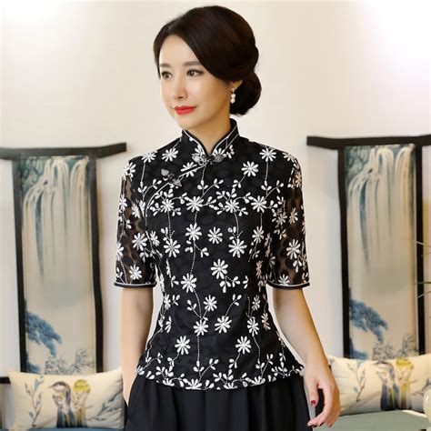 black summer womens shirt tops traditional chinese style lace blouse lady mandarin collar qipao