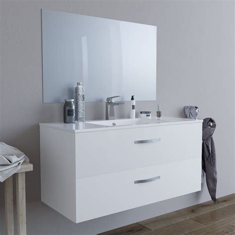 Mobile Bagno Da Cm Sospeso Bianco Con Lavabo In Ceramica E Specchio