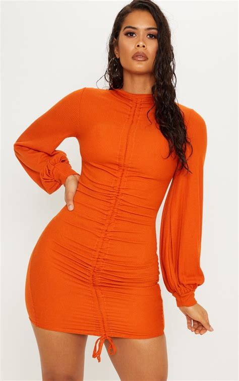 Burnt Orange Ribbed Ruched Bodycon Dresses Prettylittlething Usa