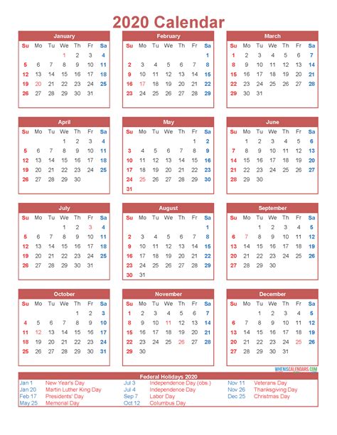 Free Printable 12 Month Calendar On One Page 2020 Free Printable 2021