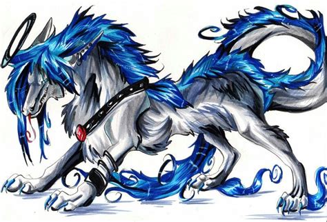 A Drawing Of A Wolf With Blue Manes And Horns On Its Back Legs