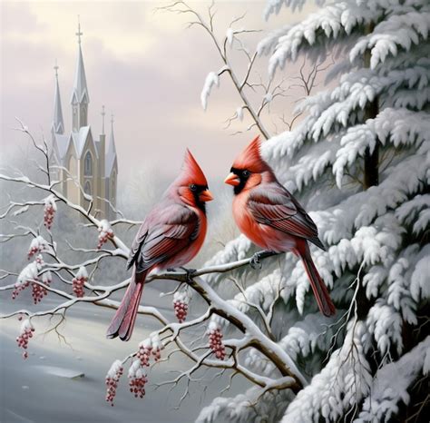 Premium Ai Image Painting Of Two Cardinals Sitting On A Snowy Branch