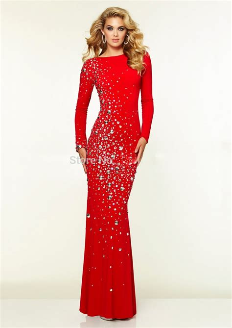 Fashion Luxury Red Evening Dress 2016 Long Sleeve Crystal Beaded