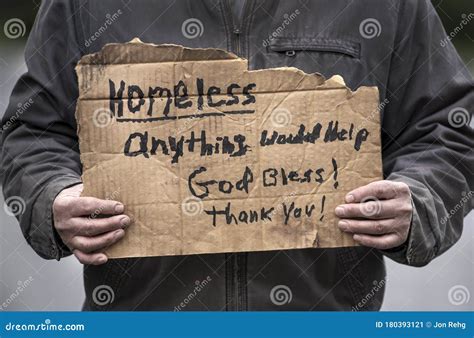 Closeup Man Holding Homeless Handmade Cardboard Sign Dirty Hands