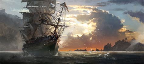 White And Gray Ship Painting Artwork Ship Sailing Ship Assassin S