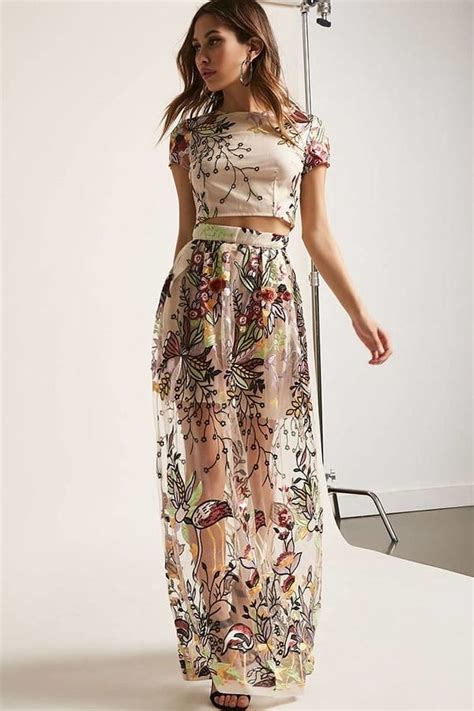 forever 21 sheer mesh floral embroidered crop top and maxi skirt set maxi skirt crop top floral