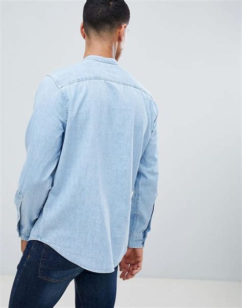 Abercrombie And Fitch Banded Collar Denim Shirt In Light Wash In Blue For