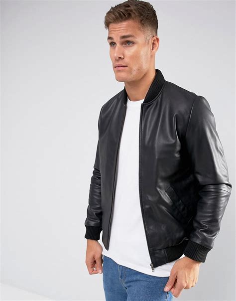Asos Design Leather Bomber Jacket In Black Black The Fashionisto