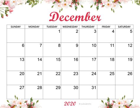 Cute December 2020 Calendar Template Zudocalendrio