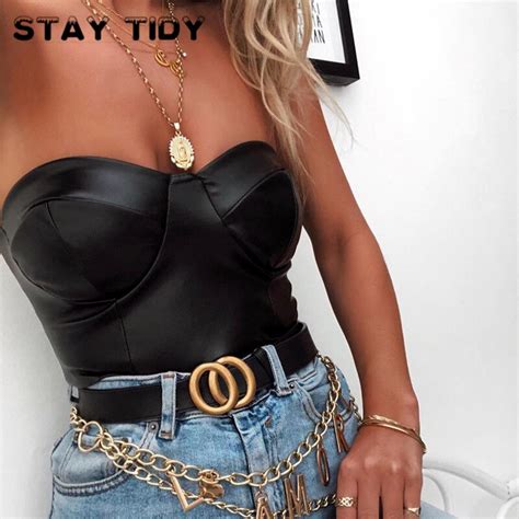 Stay Tidy Black Pu Faux Leather Strapless Tube Tops Summer Women Backless Slash Neck Bodycon