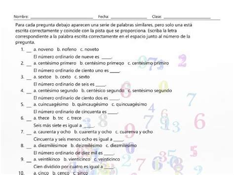 Cardinal And Ordinal Numbers Spelling Challenge Spanish Worksheet