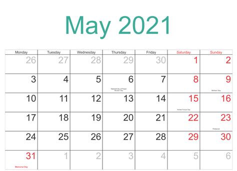 Printable May 2021 Calendar With Holidays Template Planners One