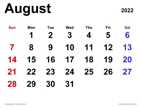 August 2022 Calendar Templates For Word Excel And Pdf