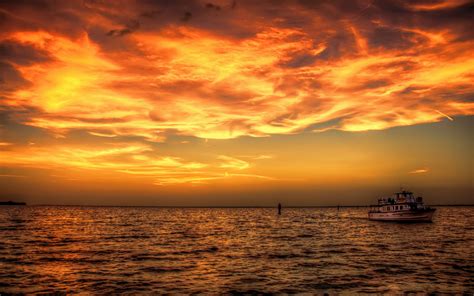Sunset Sea Ship Ocean Sky Clouds Boat Wallpaper