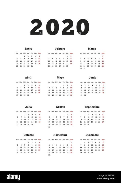 Año 2020 Calendario Simple En Español Tamaño A4 Hoja Vertical Aislado