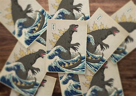 Hokusais Godzilla In The Great Wave Sticker Etsyde