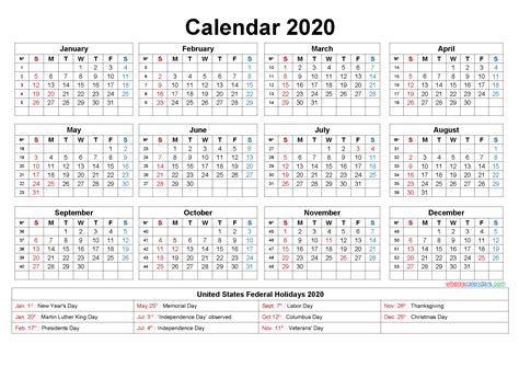 Free Yearly 2020 Calendar With Holidays Word Pdf