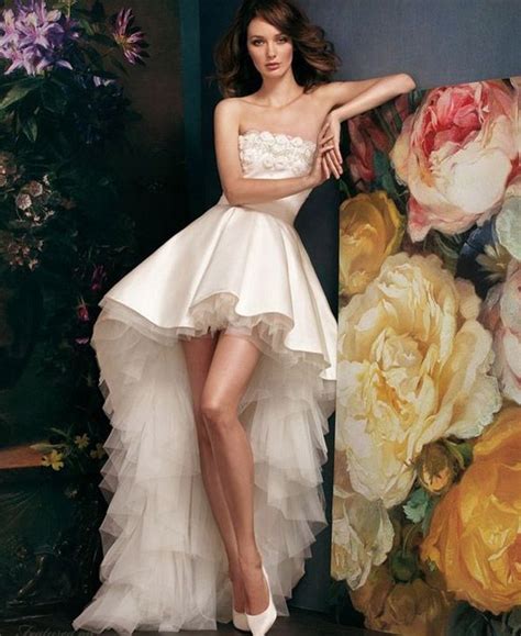 Sexy Hi Lo Wedding Dresses Strapless Satin And Tulle Short Front Long