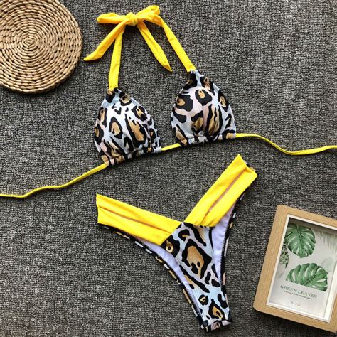 Leopard High Leg Slide Triangle Halter Brazilian Two Piece Bikini Swim