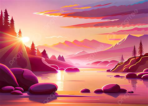 Sunset In Mountains And River Beautiful Scenery Background Sunset