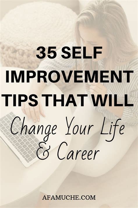 A Woman On Her Laptop With The Words 35 Self Improvement Tips That